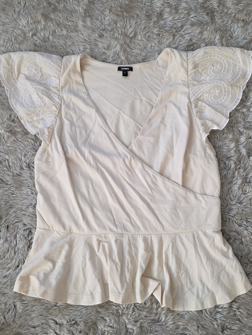 Express Ivory Embroidered Flutter Sleeve Peplum Faux Wrap Top Women's Medium